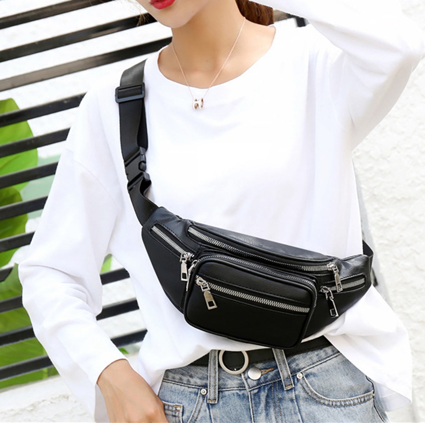 Black faux leather fanny waist pack crossbody purse for shopping travel