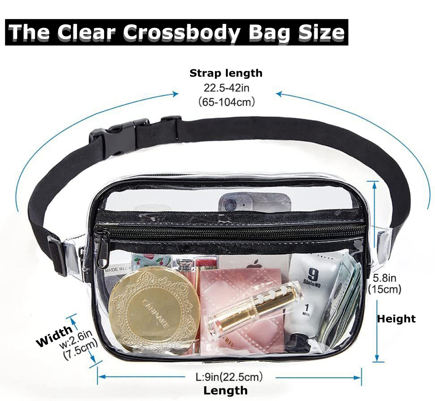 Approved stadium clear fanny pack for concerts sports beach,clear crossbody belt bag 0.4MM PVC