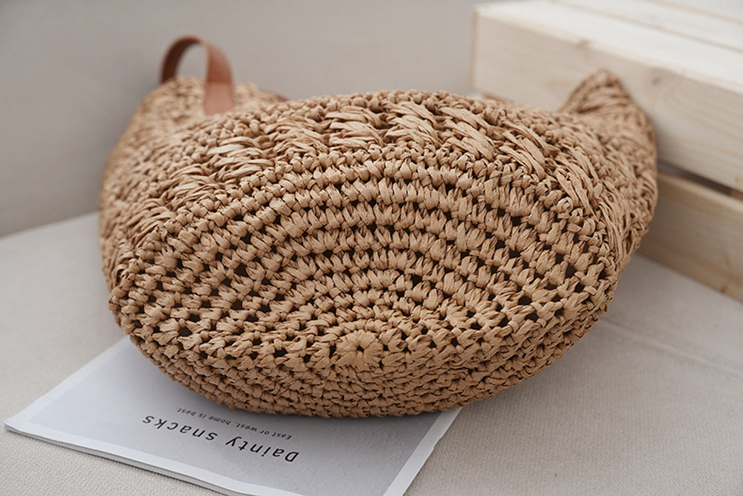Straw handmade knitted summer beach tote handbag