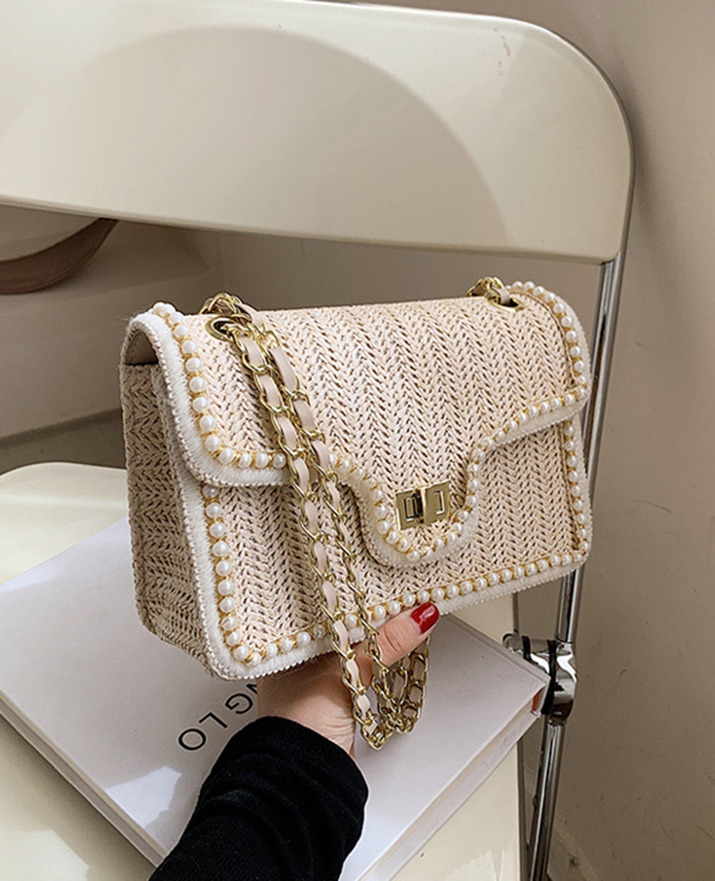 Chic beige handmade yarn knitted clutch handbag for prom party club HB2400013