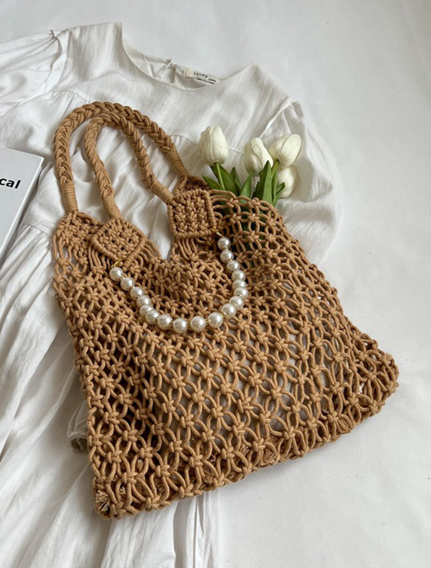 Handmade yarn knitted summer beach tote handbag HB2400023