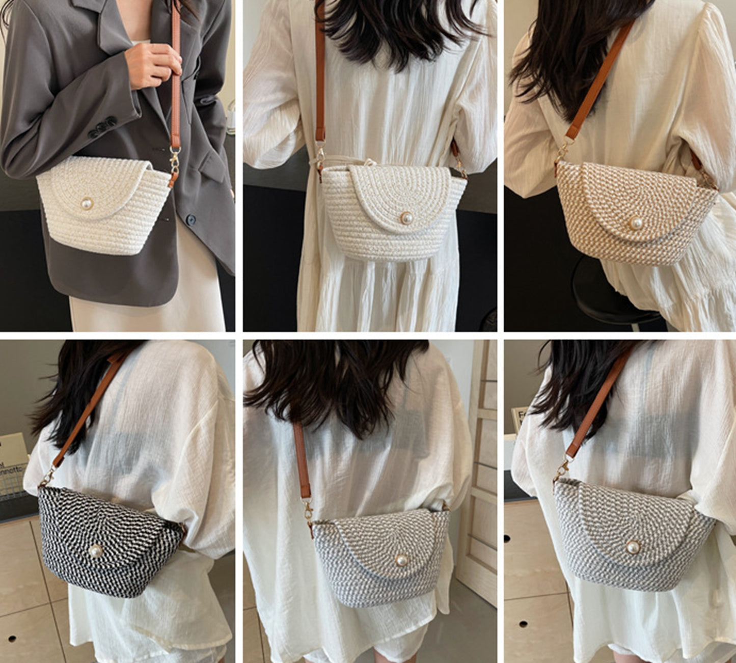 Chic handmade straw knitted summer beach tote handbag with pearls HB2400028