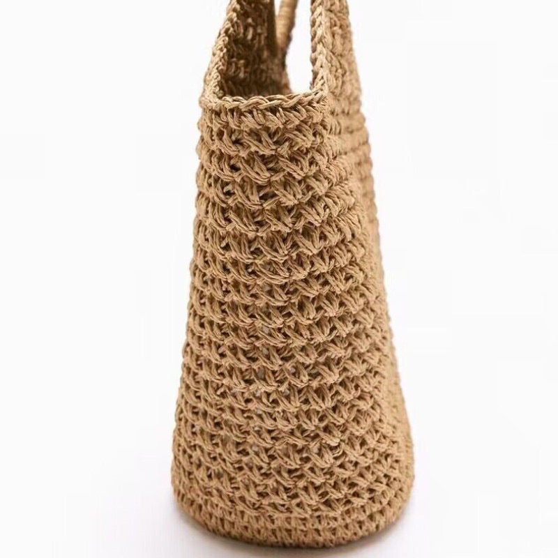Khaki handmade straw knitted summer beach tote handbag