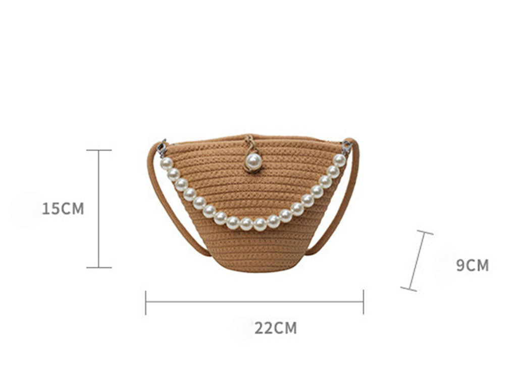 Chic handmade straw knitted summer beach tote handbag with pearls HB2400007