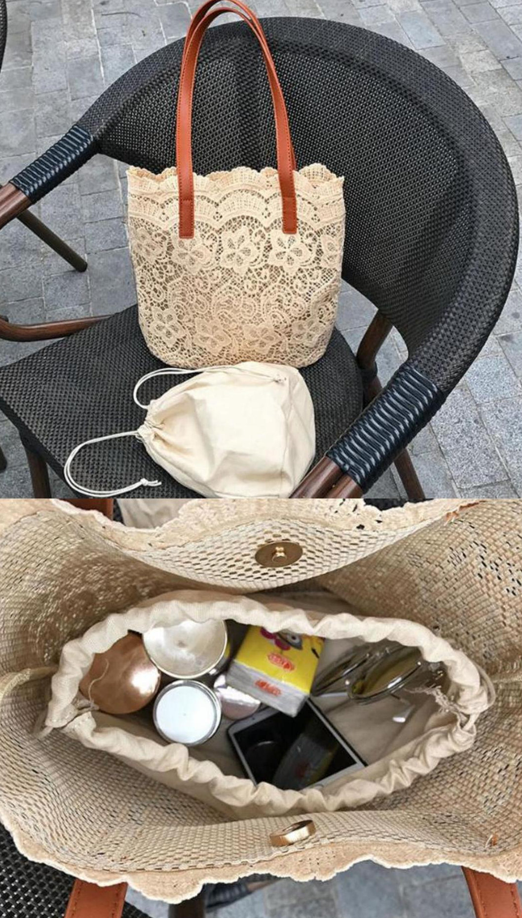 Vintage lace knitted summer beach tote handbag