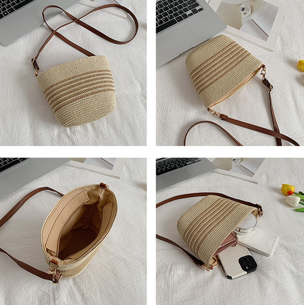 Chic handmade straw knitted summer beach tote handbag trapezoid bag HB240004