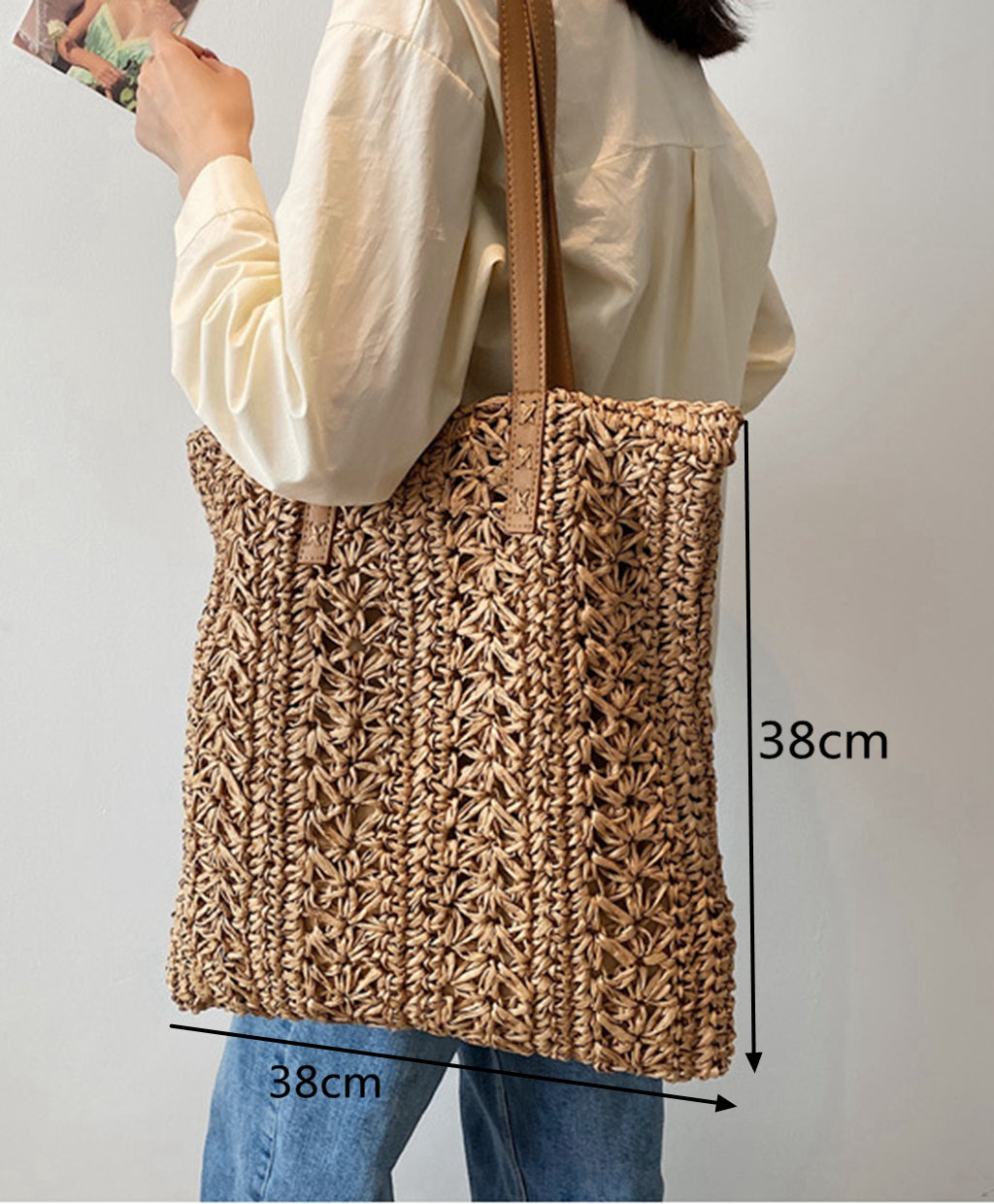 Handmade straw knitted summer beach tote handbag