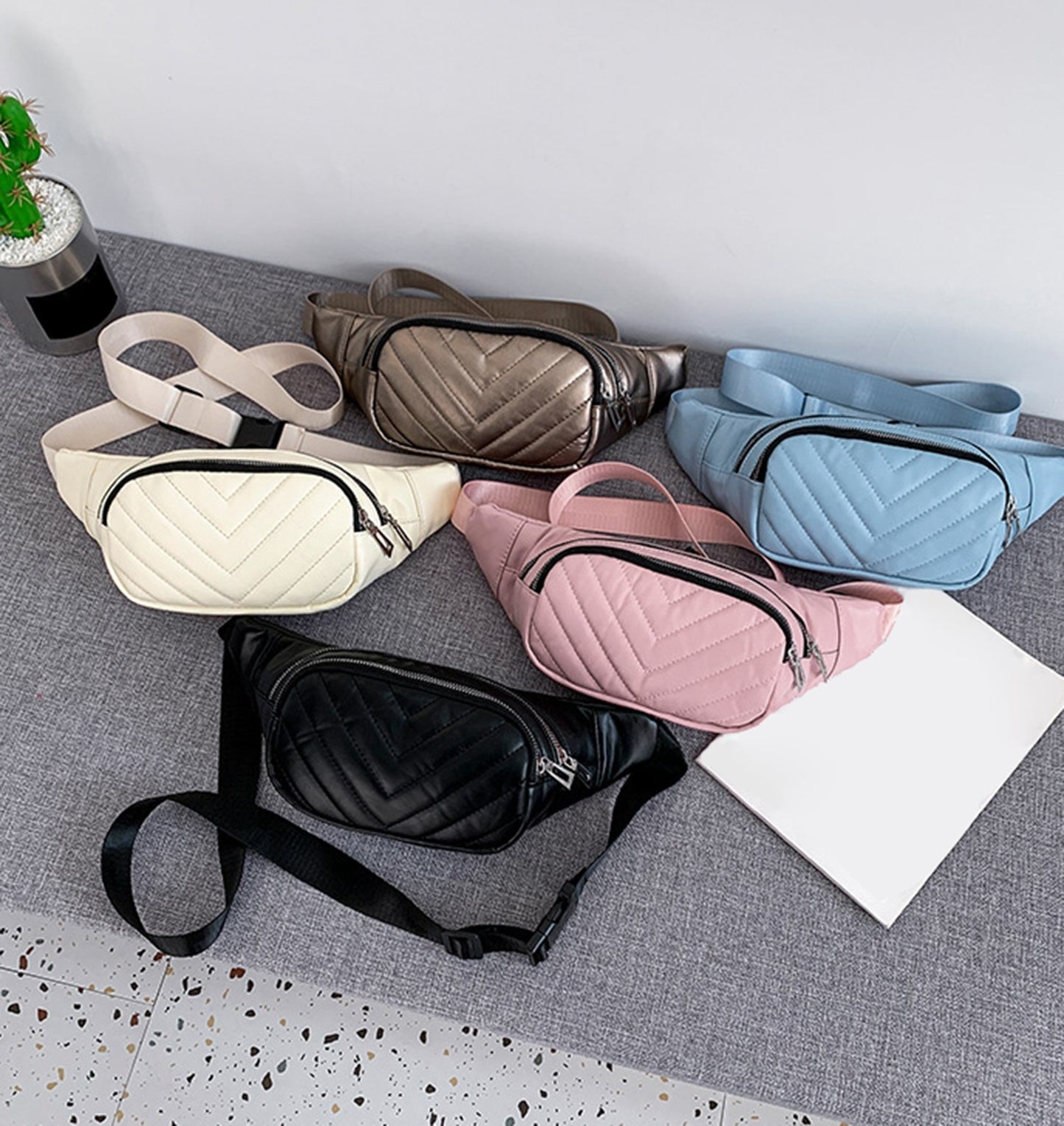 Beige quilted Pu leather fanny waist pack purse for daily outings