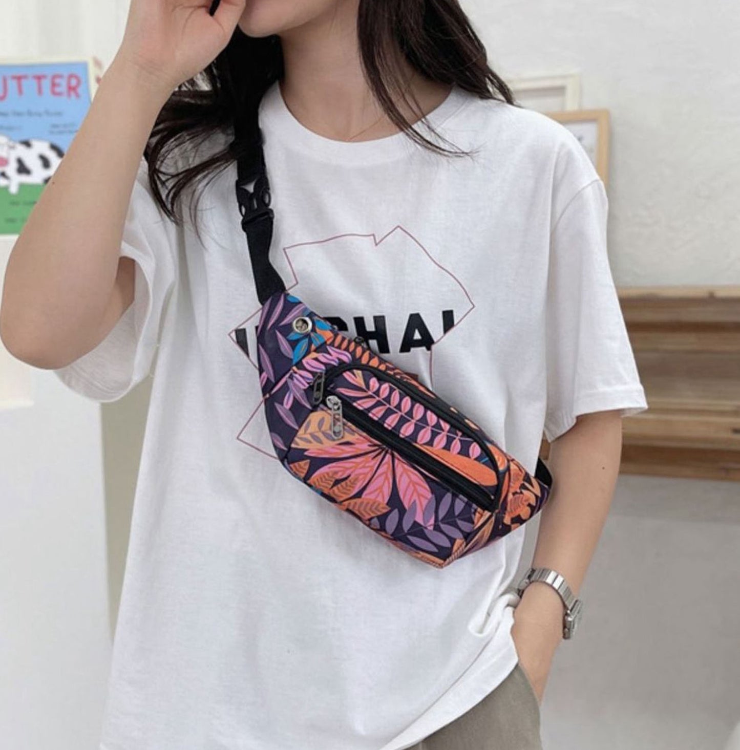 Printed floral nylon fanny waist pack purse for shopping outings travel hiking