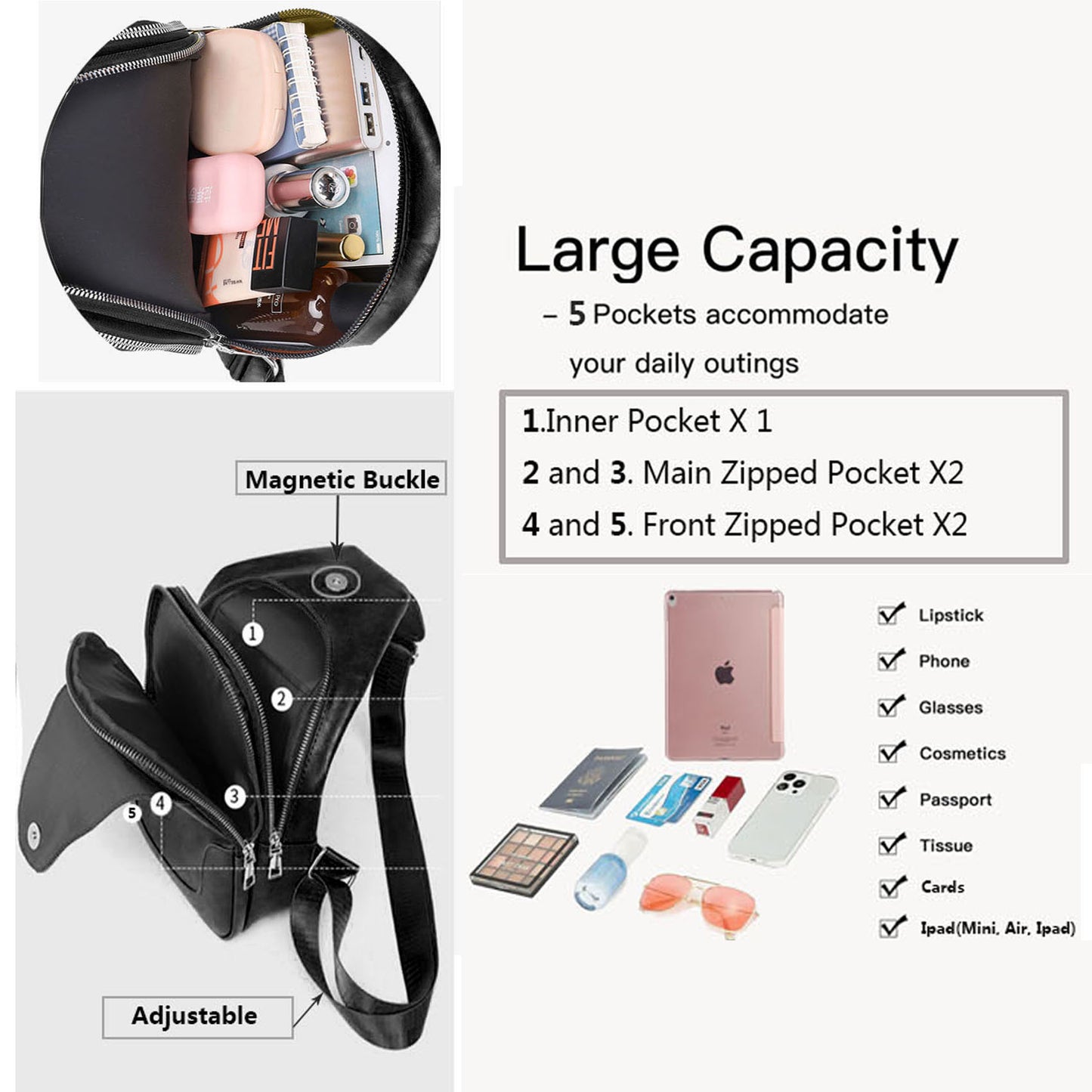 Vegan Pu leather sling crossbody bags purse for women men's anti-theft travel crossbody shoulder bag