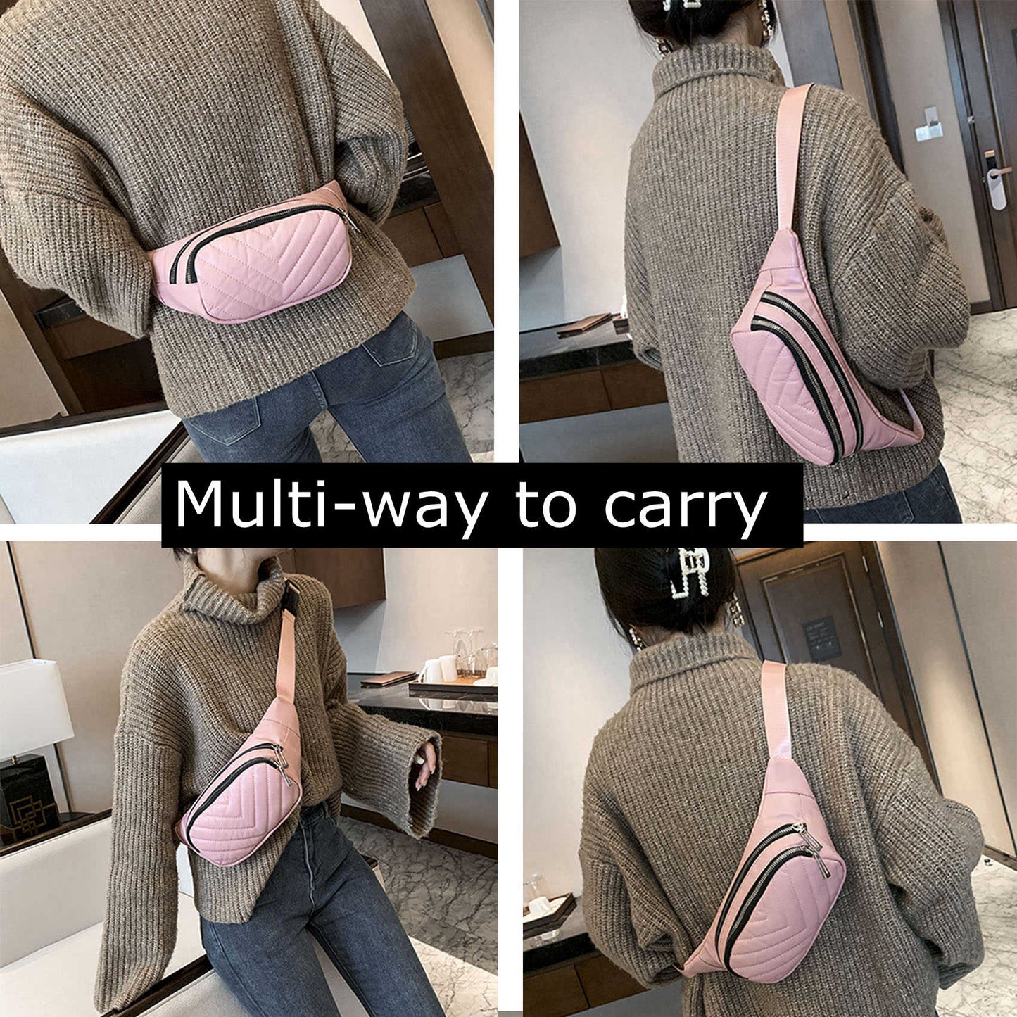 Beige quilted Pu leather fanny waist pack purse for daily outings
