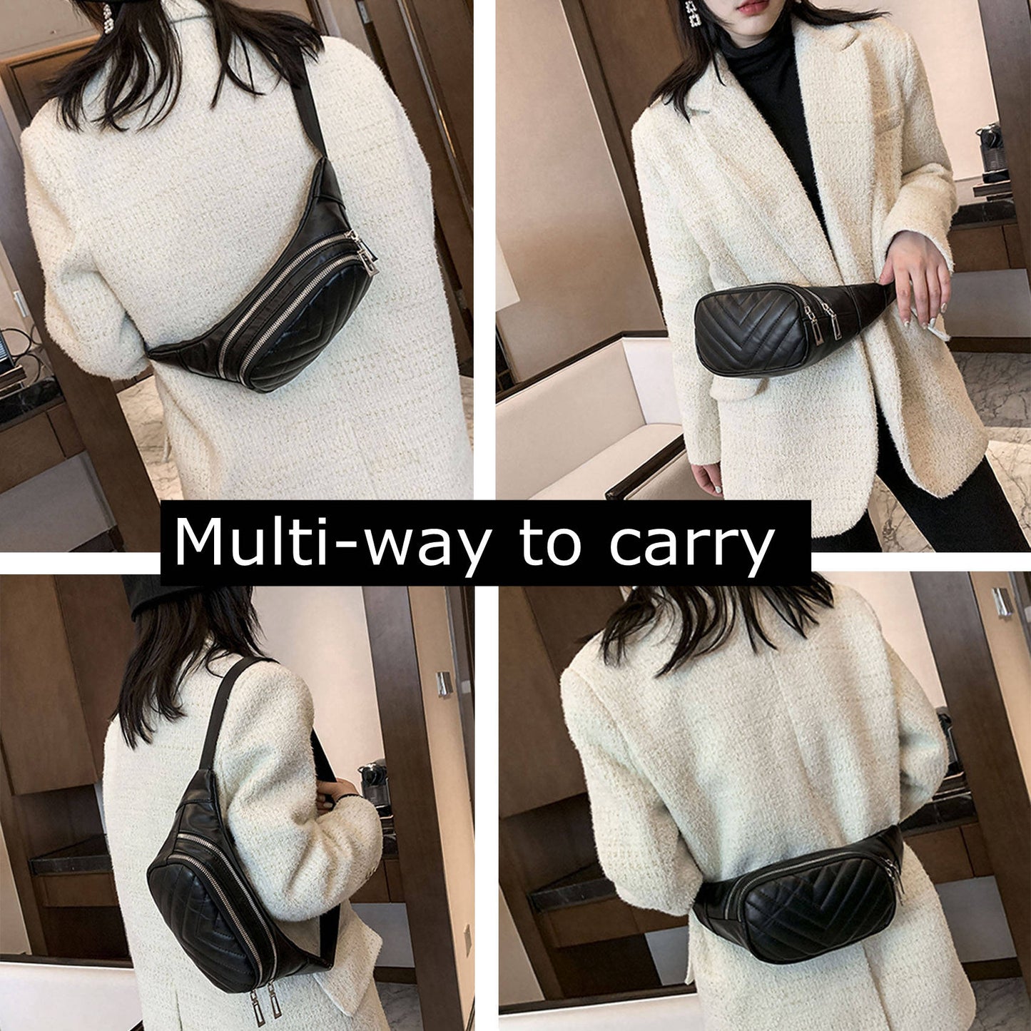 Beige quilted Pu leather fanny waist pack purse for daily outings