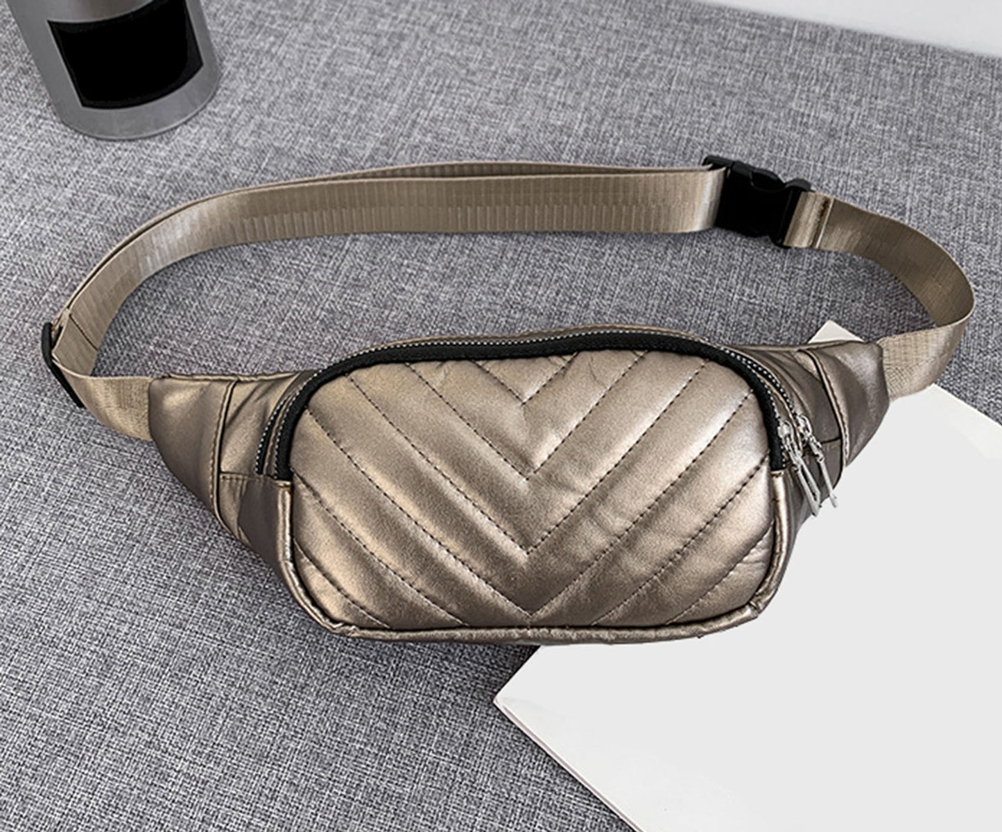 Beige quilted Pu leather fanny waist pack purse for daily outings