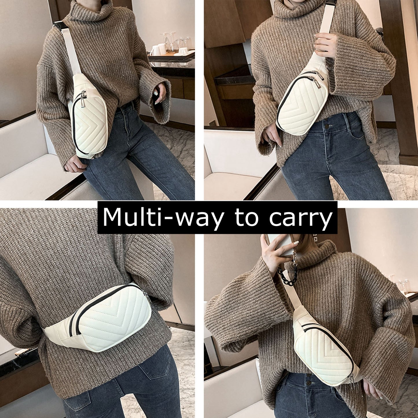 Beige quilted Pu leather fanny waist pack purse for daily outings