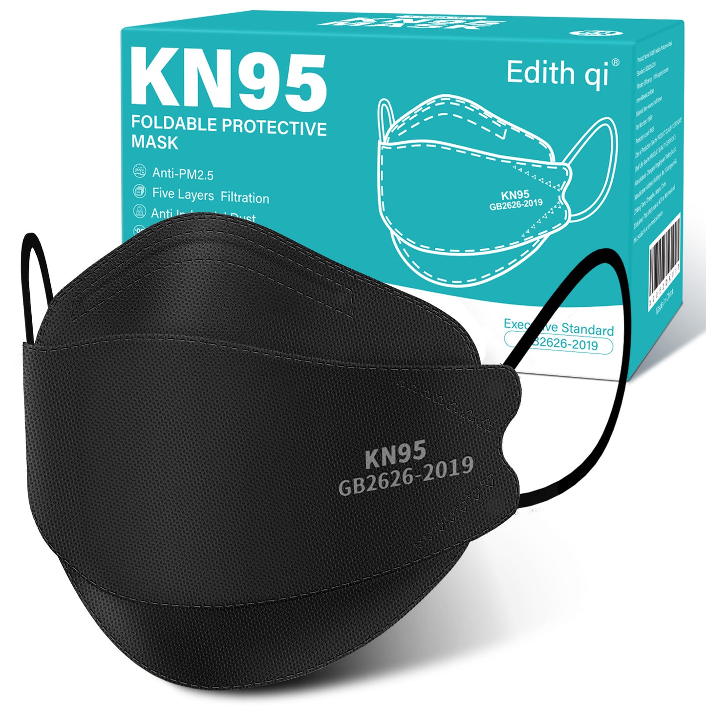 Edith qi KN95 Face Masks 50 PCS, 5 Ply Black Disposable KN95 Masks for Adults Filter Efficiency 95%, Protection against PM 2.5 Smoke Particles
