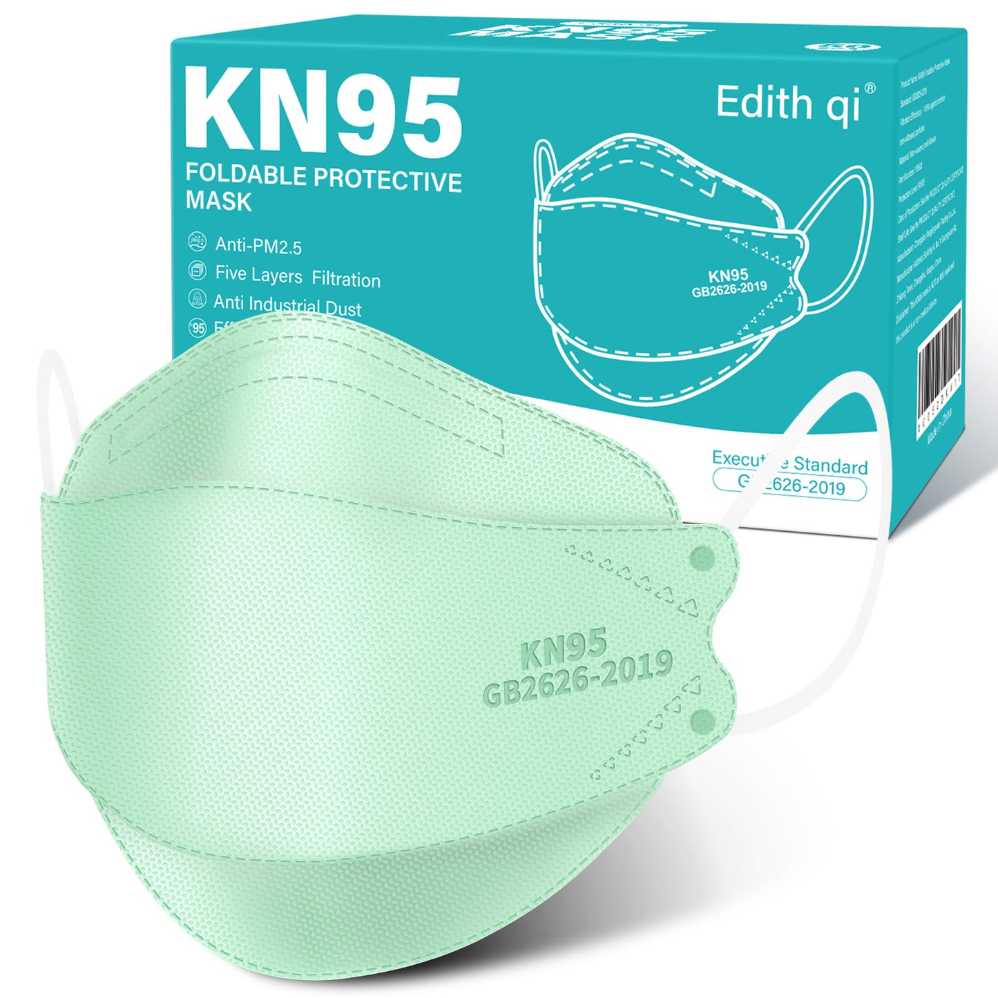 Edith qi KN95 Face Mask 50 PCS, 5 Ply Green Disposable Face Masks for Adults Filter Efficiency 95%, Protection against PM 2.5 Smoke Particles
