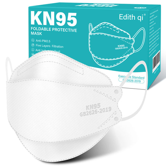 Edith qi KN95 Face Mask 50 PCS, 5 Ply White Disposable Face Masks for Adults Filter Efficiency 95%, Protection against PM 2.5 Smoke Particles