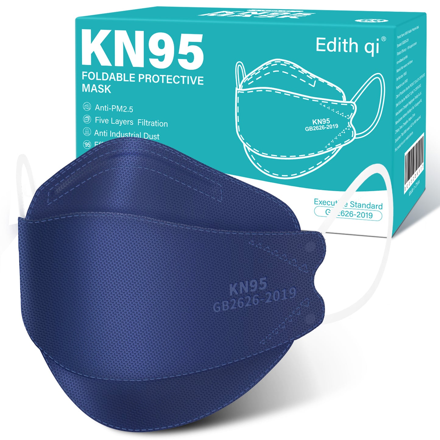 Edith qi KN95 Face Masks 50 PCS, 5 Ply Navy Disposable Face Masks for Adults Filter Efficiency 95%, Protection against PM 2.5 Smoke Particles