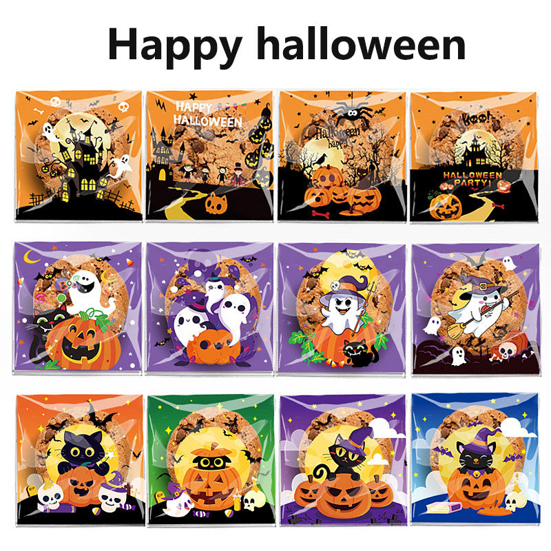 200pcs Halloween theme printed clear opp small self-adhesive biscuits candies wrap bags 3.93*3.93 inches