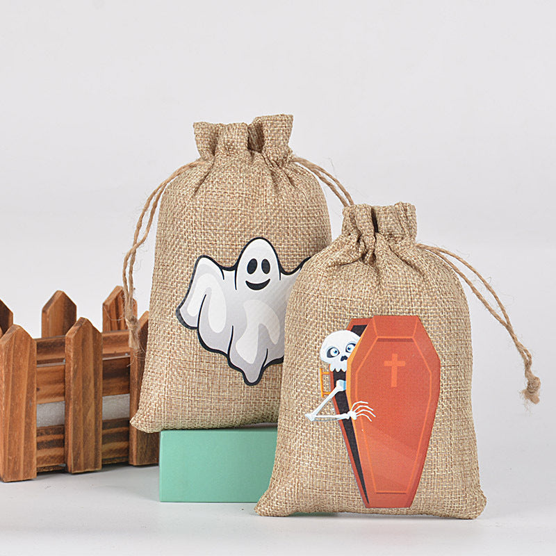 Halloween theme printed burlap biscuits candies bakery wrap bags with drawstrings,5.9*3.93 inches
