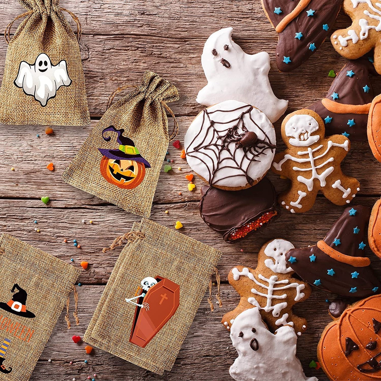 Halloween theme printed burlap biscuits candies bakery wrap bags with drawstrings,5.9*3.93 inches