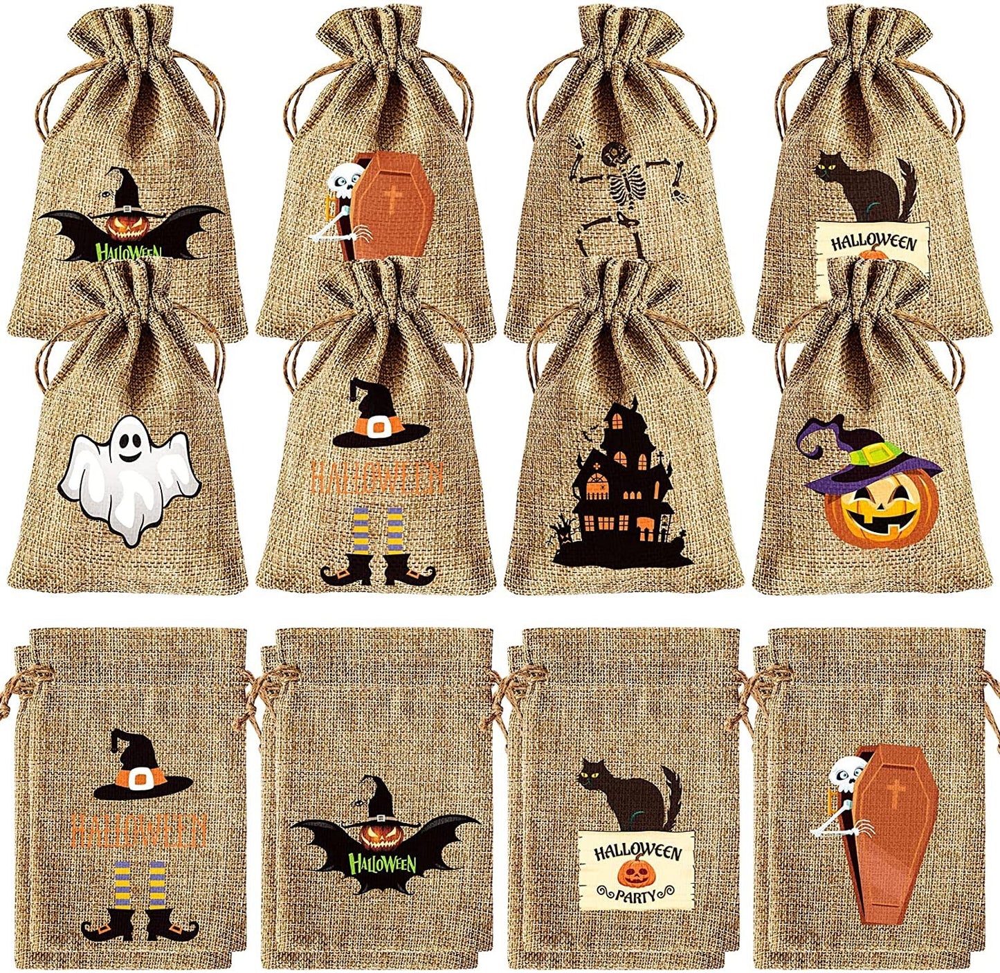 Halloween theme printed burlap biscuits candies bakery wrap bags with drawstrings,5.9*3.93 inches