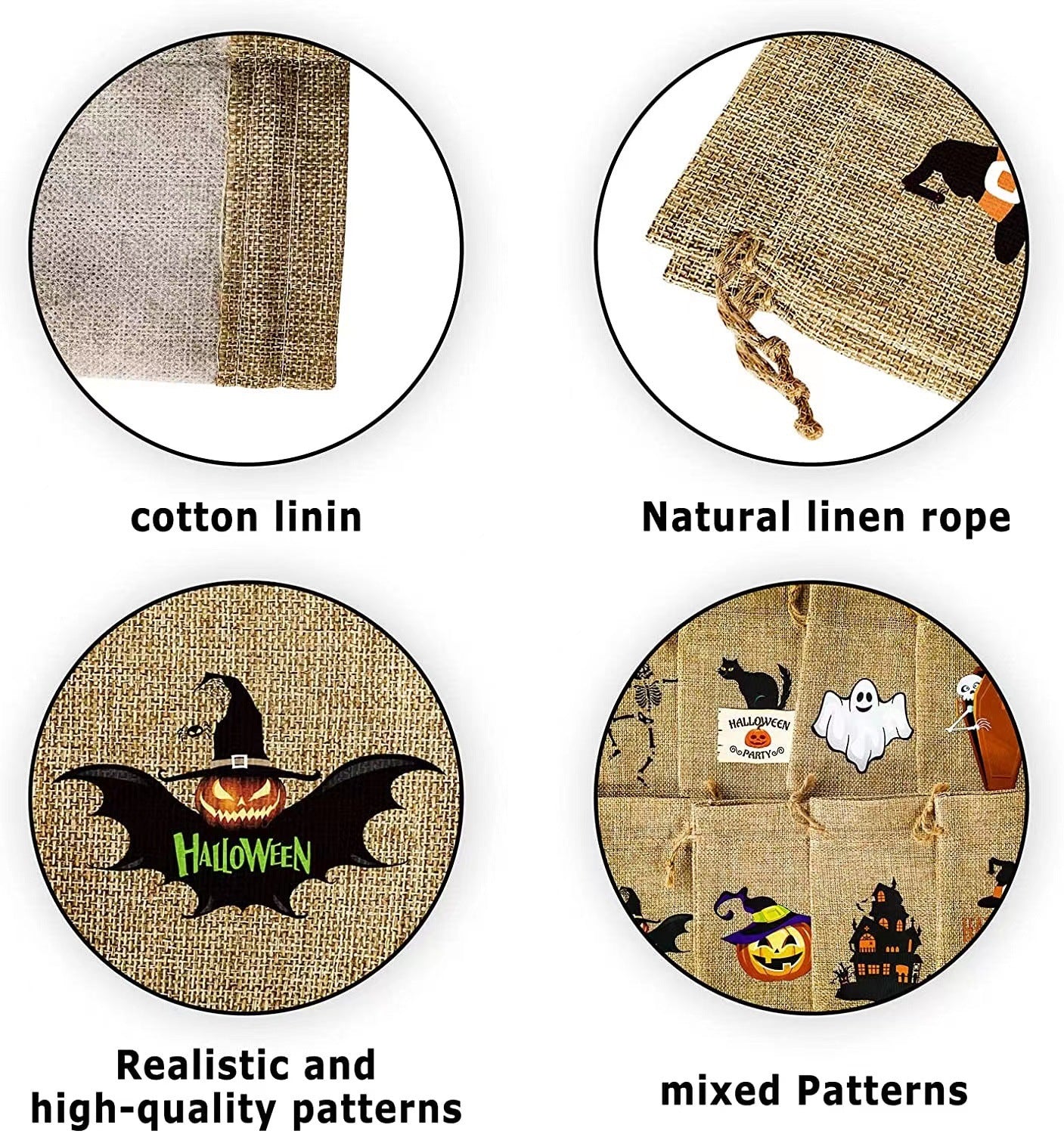 Halloween theme printed burlap biscuits candies bakery wrap bags with drawstrings,5.9*3.93 inches