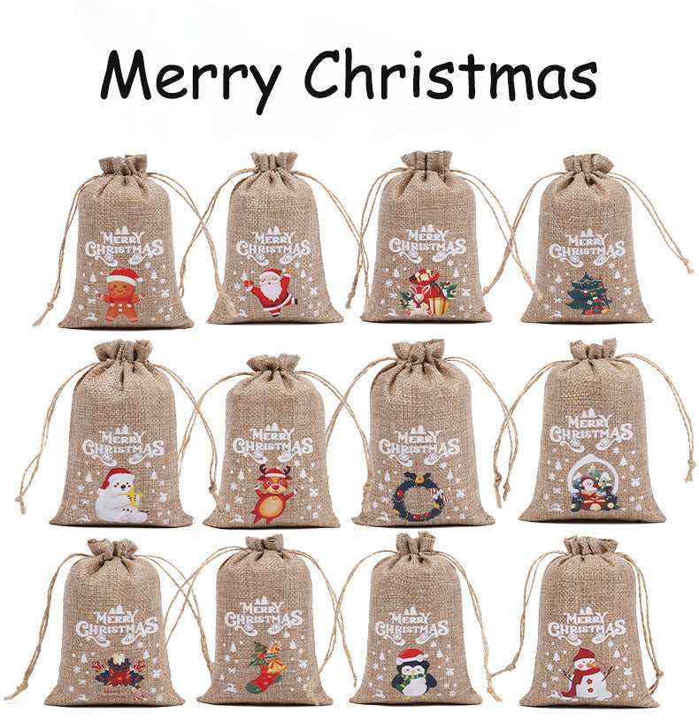 Christmas theme printed burlap biscuits candies bakery wrap bags with drawstrings,5.9*3.93 inches