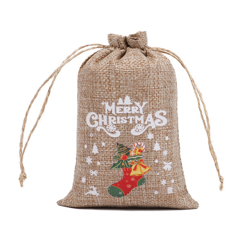 Christmas theme printed burlap biscuits candies bakery wrap bags with drawstrings,5.9*3.93 inches