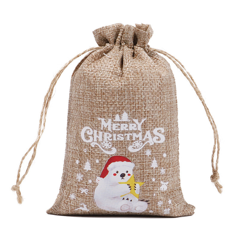 Christmas theme printed burlap biscuits candies bakery wrap bags with drawstrings,5.9*3.93 inches