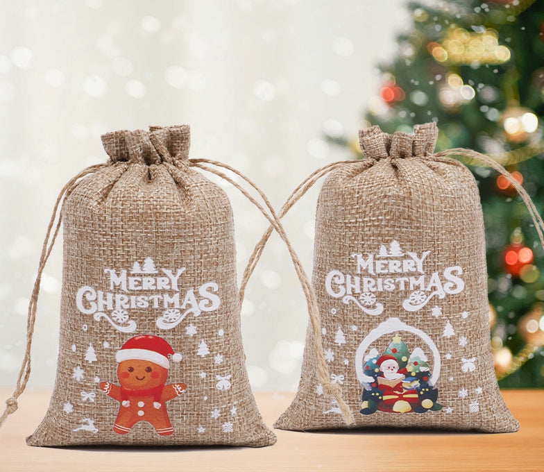 Christmas theme printed burlap biscuits candies bakery wrap bags with drawstrings,5.9*3.93 inches