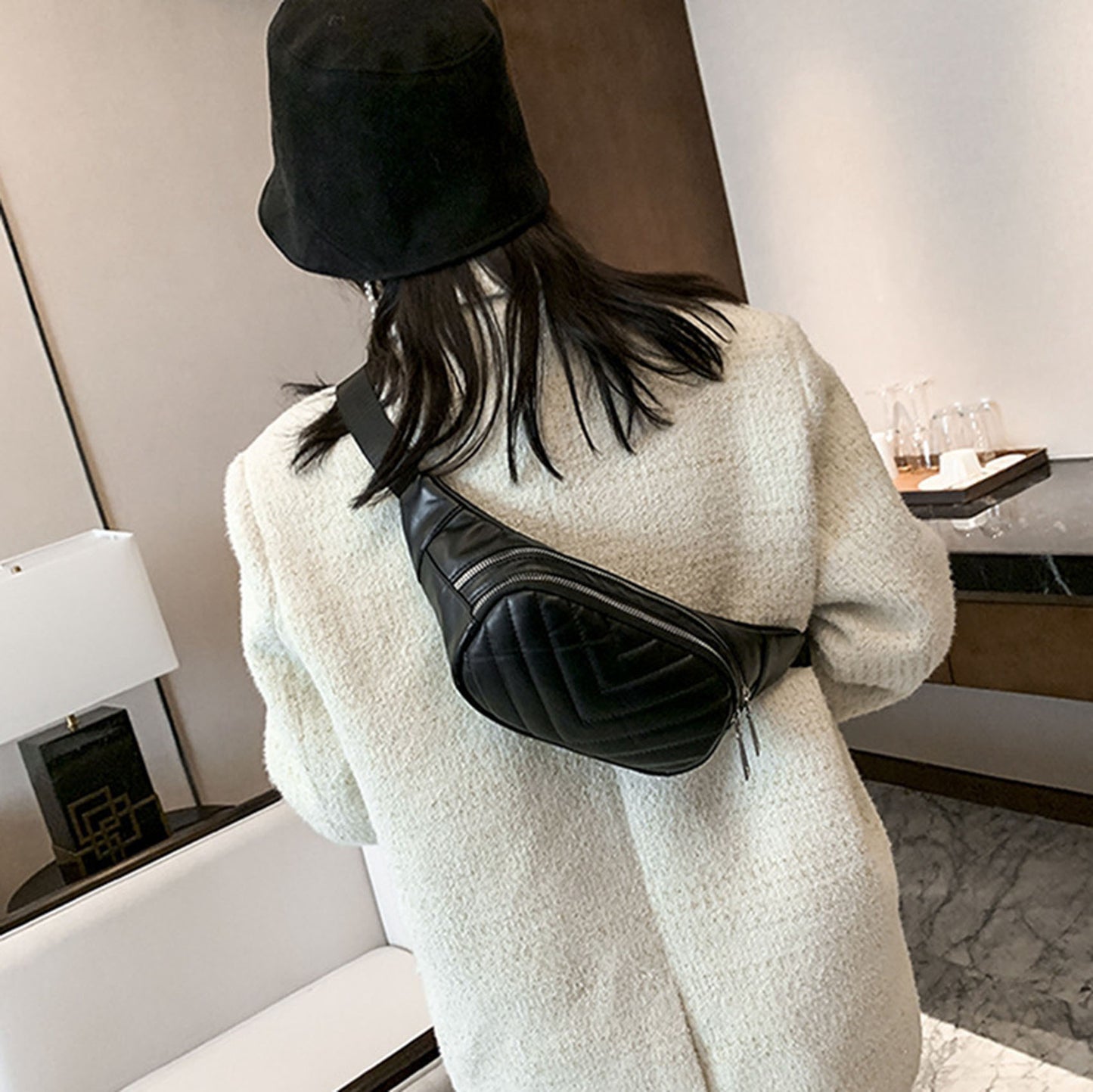 Beige quilted Pu leather fanny waist pack purse for daily outings