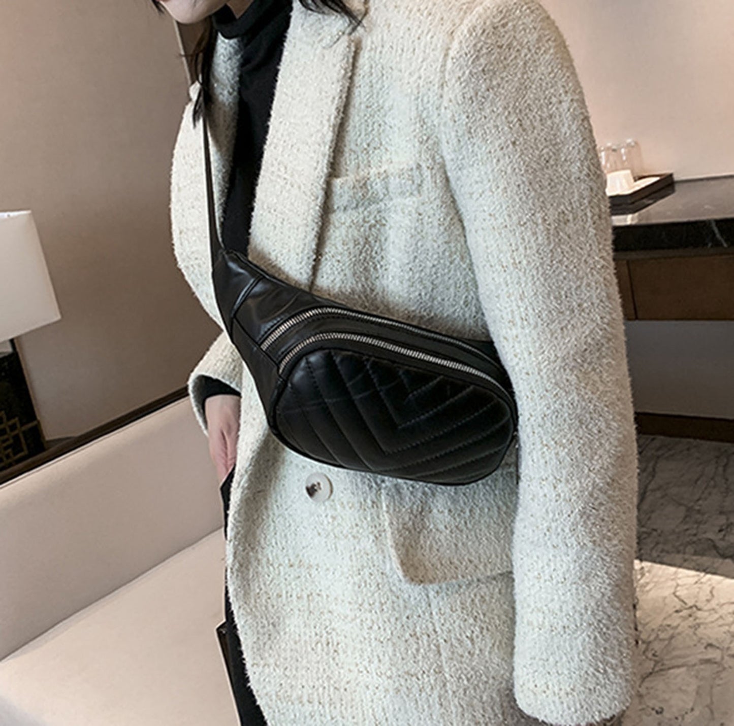 Beige quilted Pu leather fanny waist pack purse for daily outings