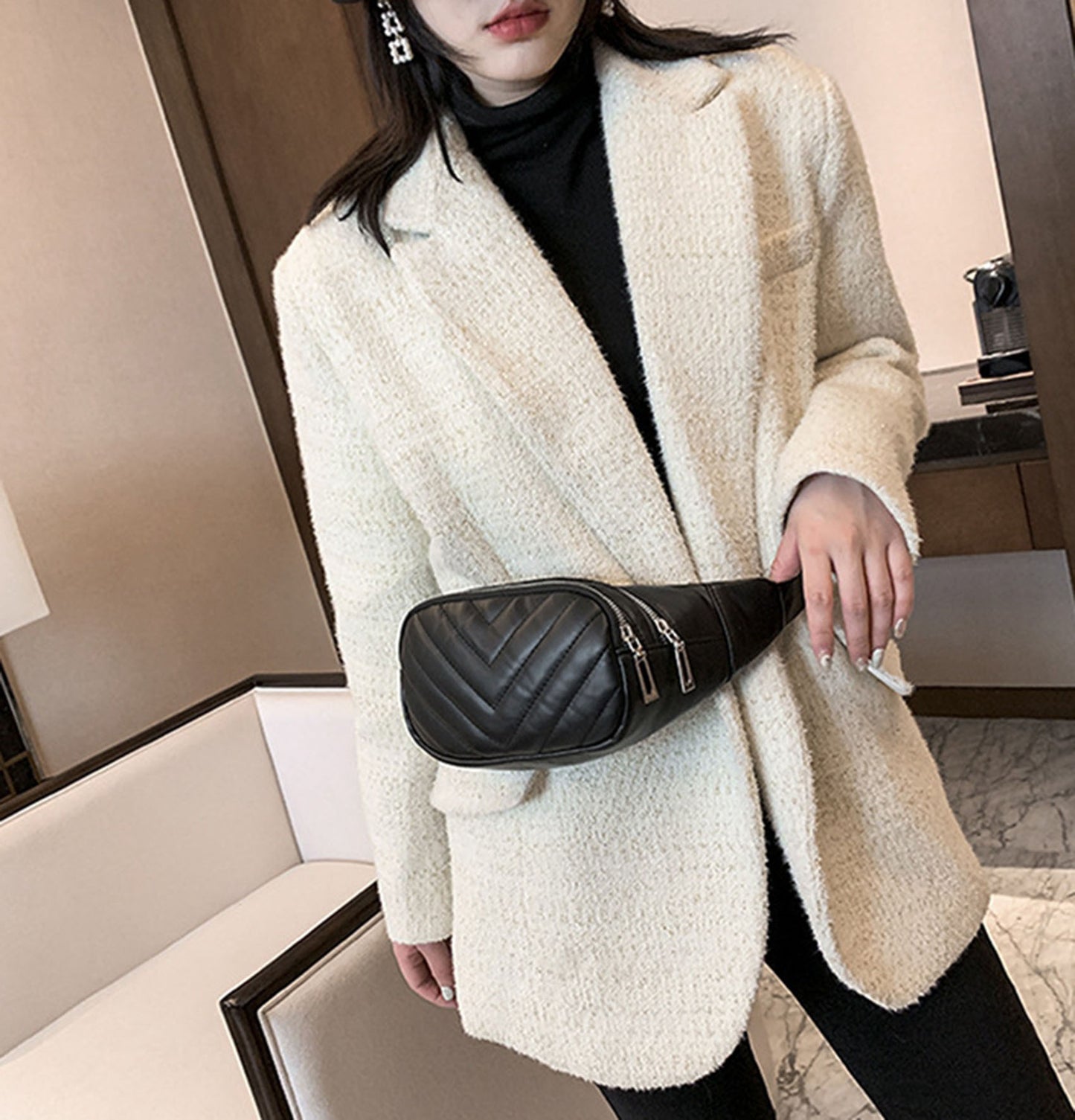 Beige quilted Pu leather fanny waist pack purse for daily outings