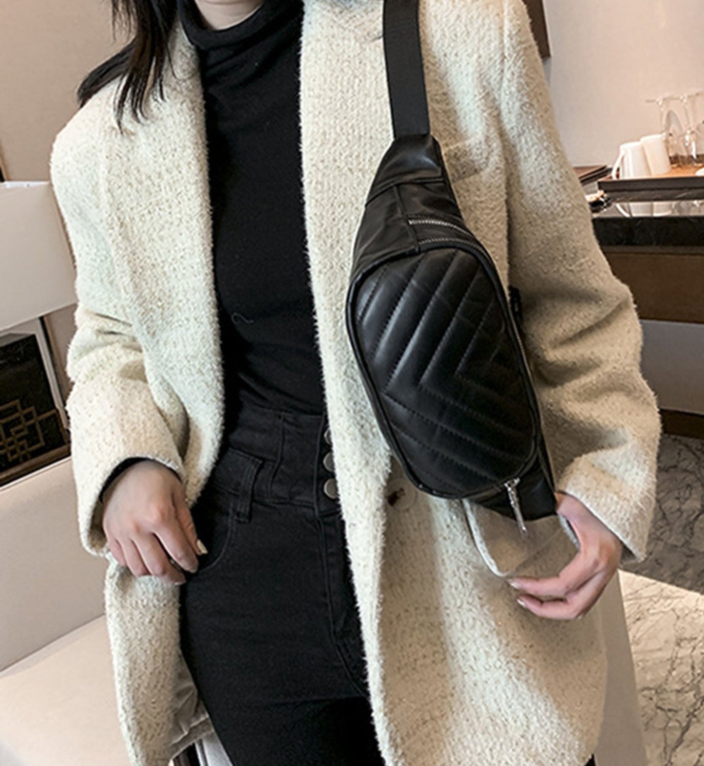 Beige quilted Pu leather fanny waist pack purse for daily outings