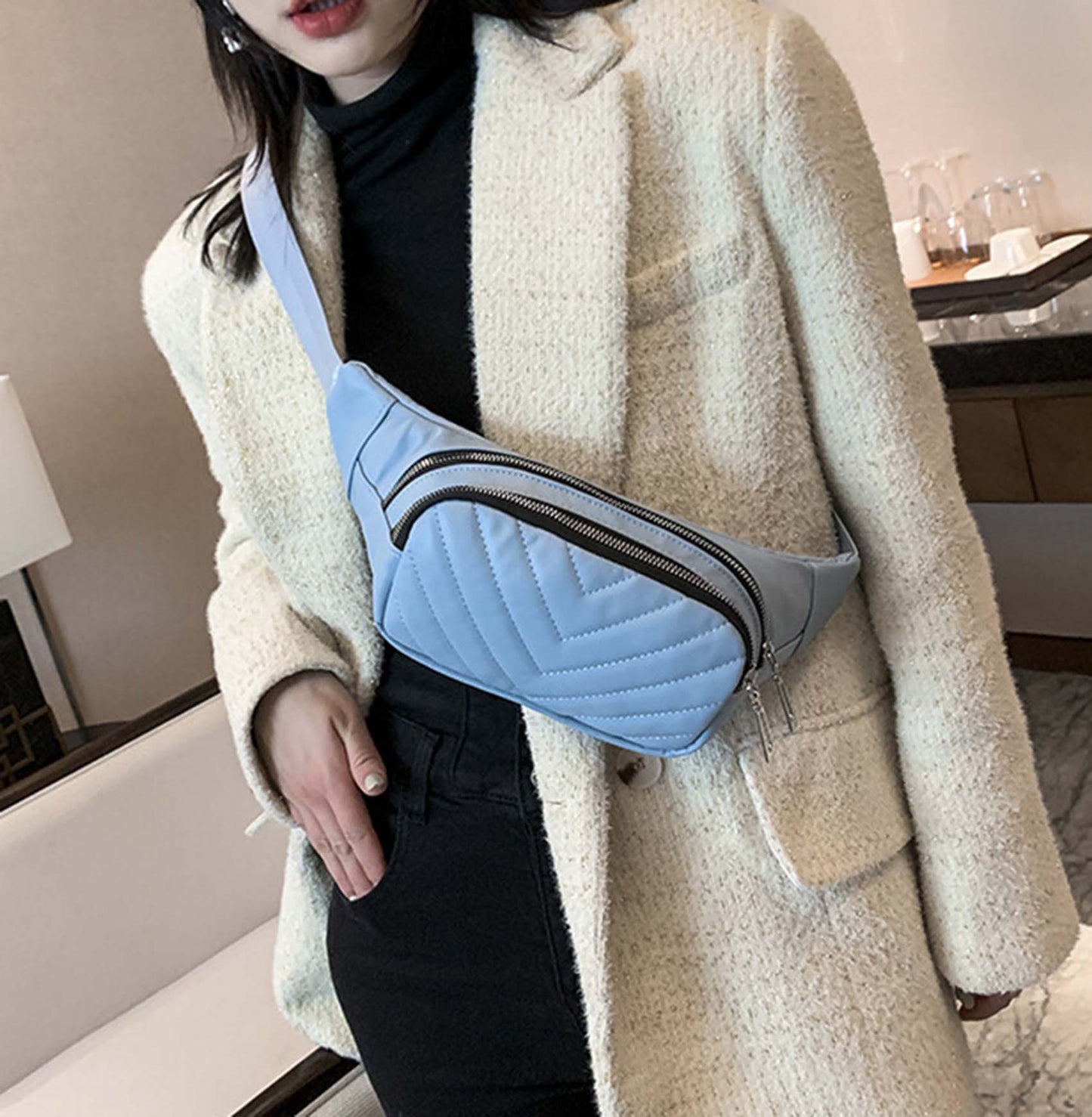 Beige quilted Pu leather fanny waist pack purse for daily outings