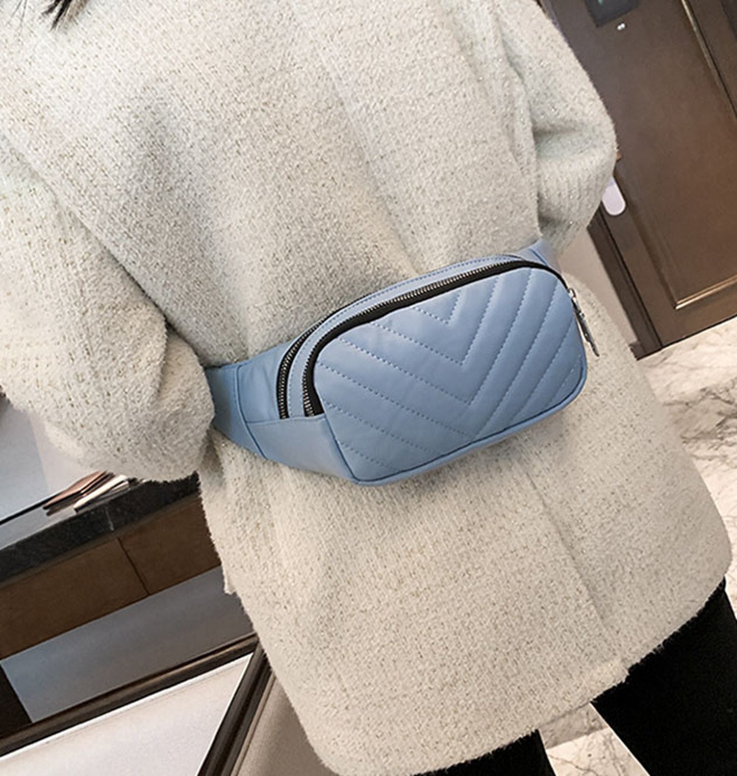 Beige quilted Pu leather fanny waist pack purse for daily outings