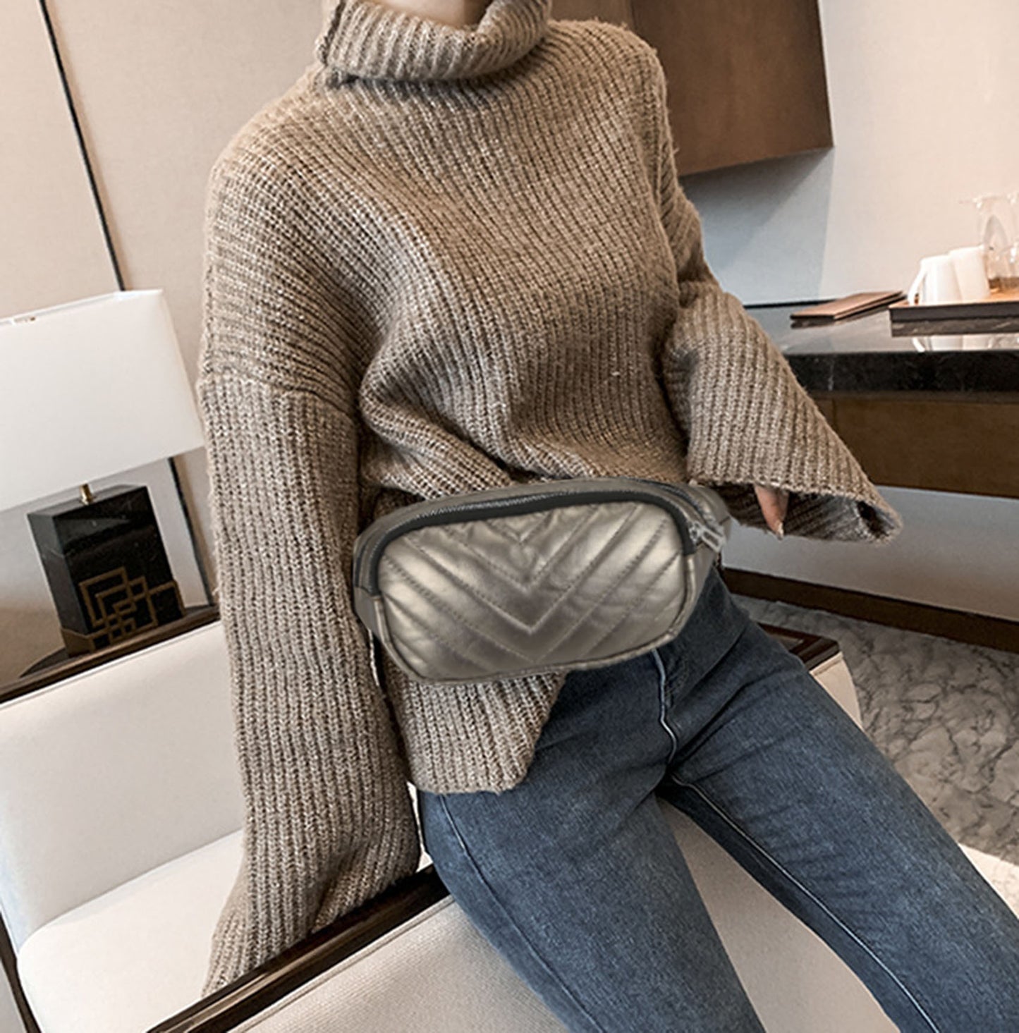 Beige quilted Pu leather fanny waist pack purse for daily outings