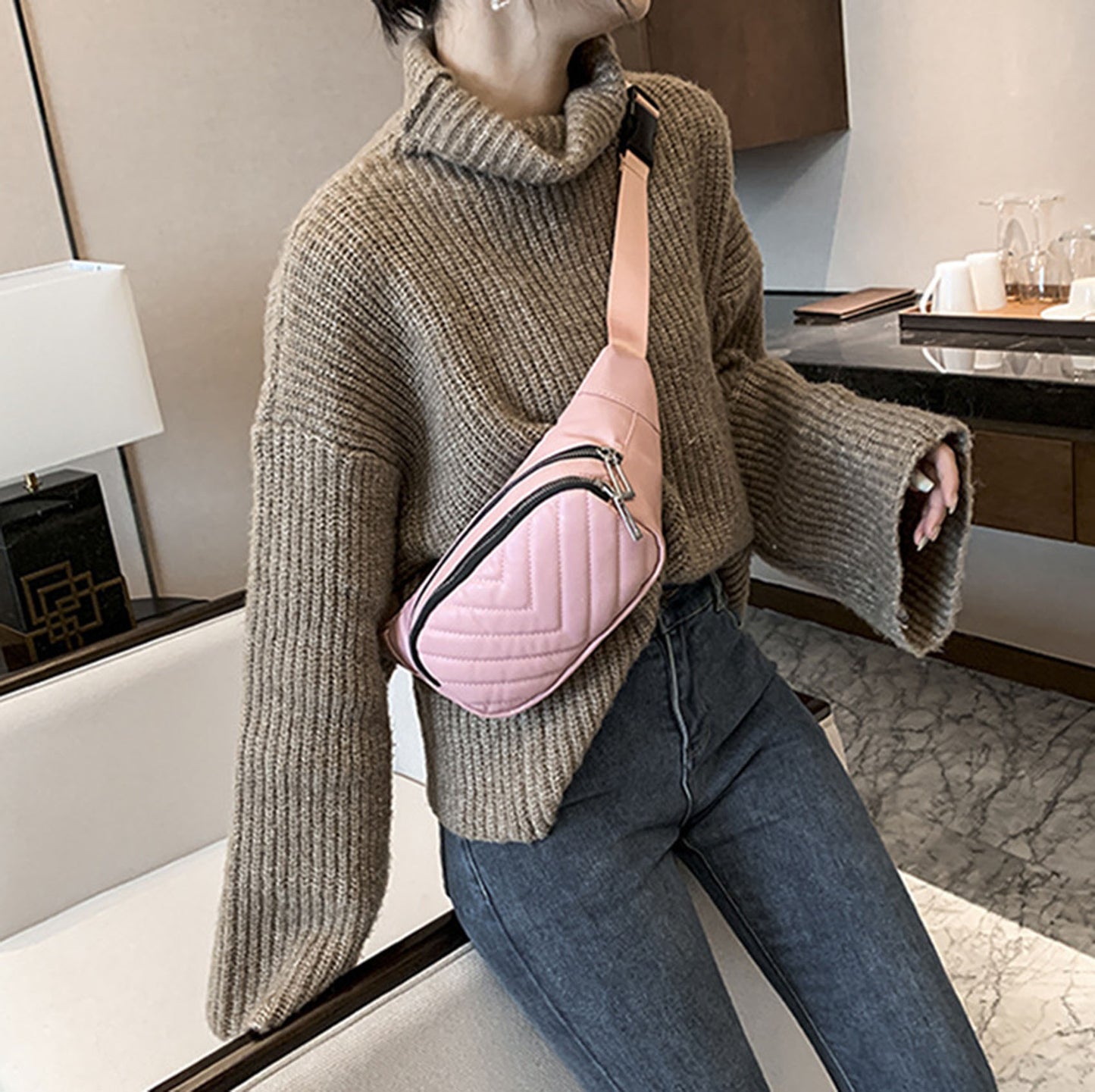 Beige quilted Pu leather fanny waist pack purse for daily outings