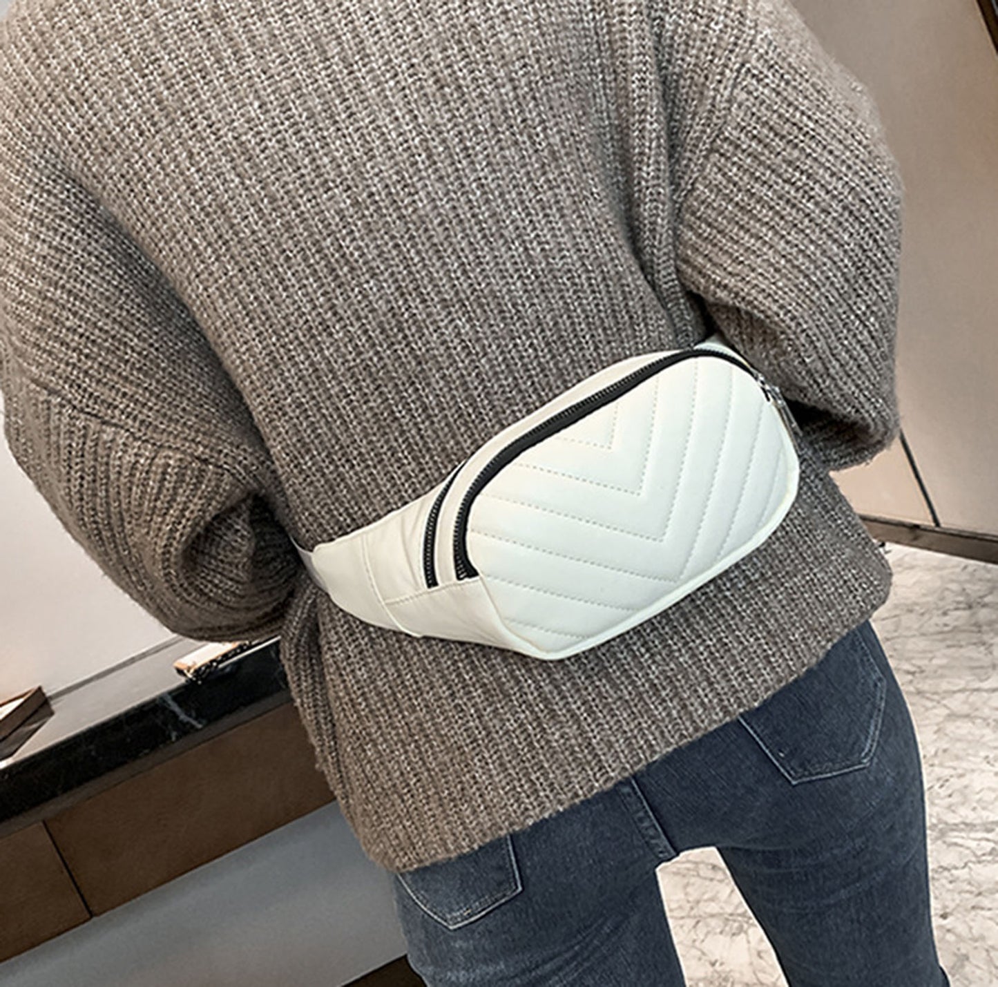 Beige quilted Pu leather fanny waist pack purse for daily outings
