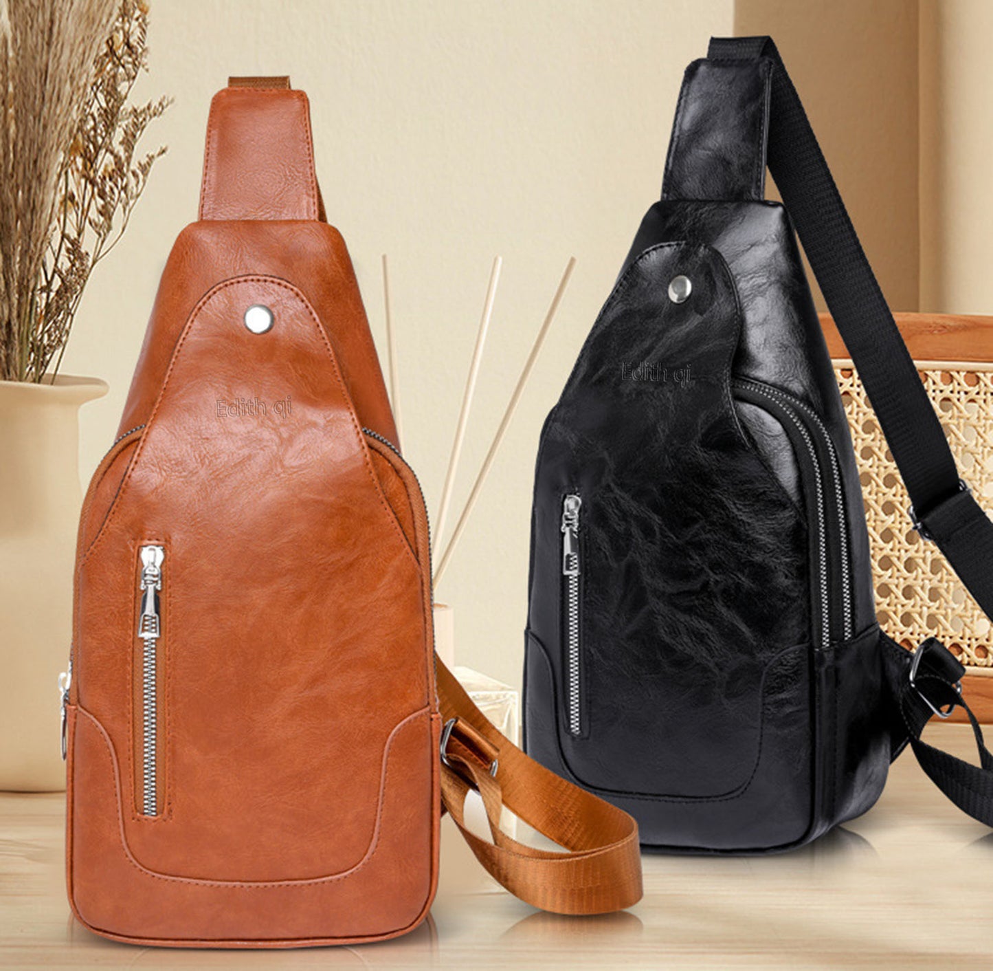 Vegan Pu leather sling crossbody bags purse for women men's anti-theft travel crossbody shoulder bag