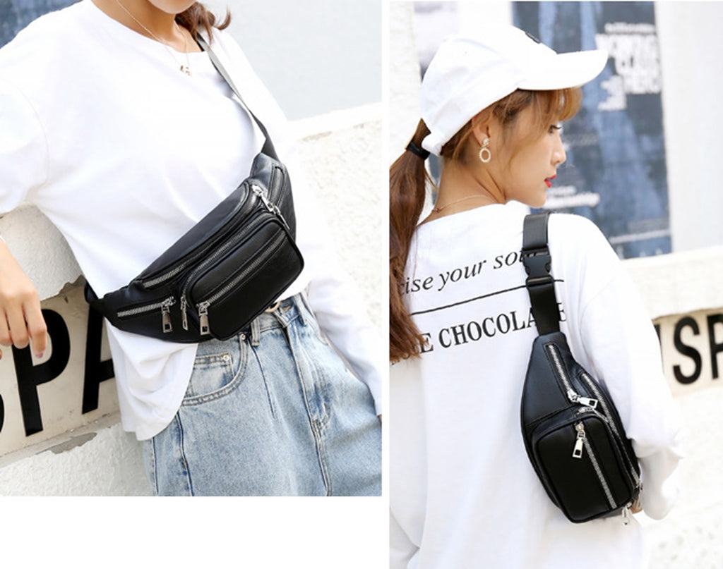 Black faux leather fanny waist pack crossbody purse for shopping travel