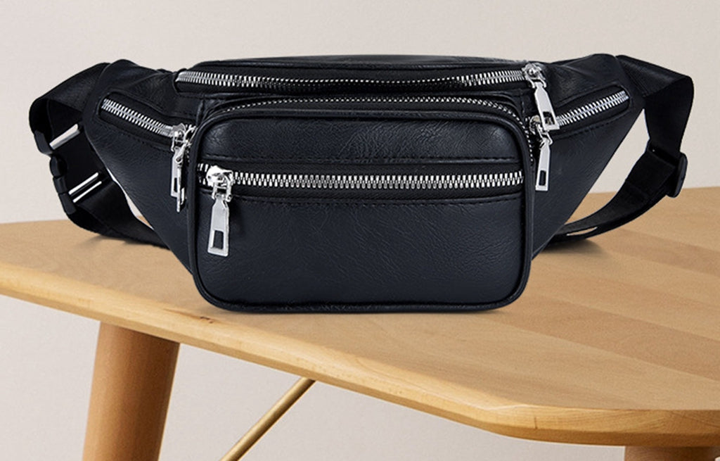 Black faux leather fanny waist pack crossbody purse for shopping travel