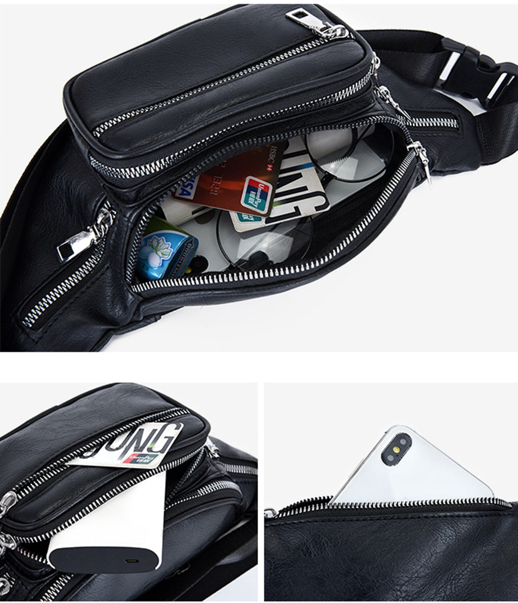 Black faux leather fanny waist pack crossbody purse for shopping travel