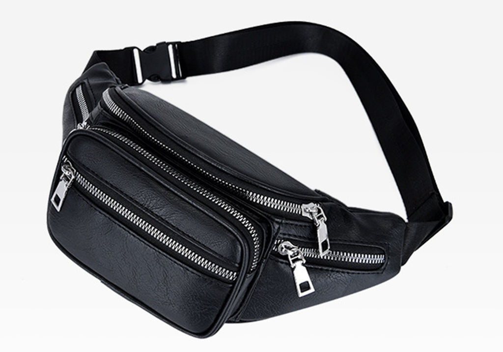 Black faux leather fanny waist pack crossbody purse for shopping travel