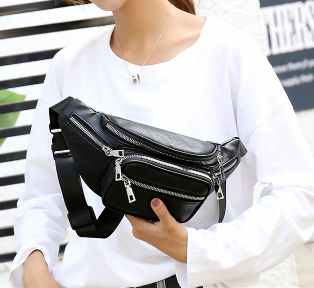 Black faux leather fanny waist pack crossbody purse for shopping travel