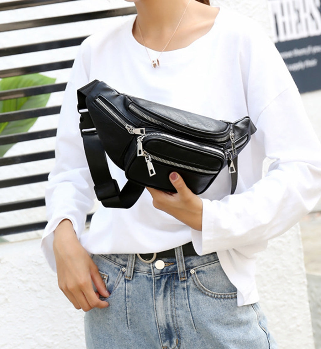 Black faux leather fanny waist pack crossbody purse for shopping travel
