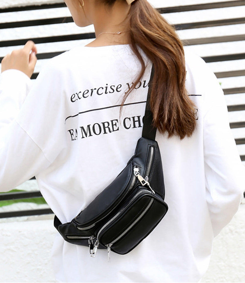 Black faux leather fanny waist pack crossbody purse for shopping travel