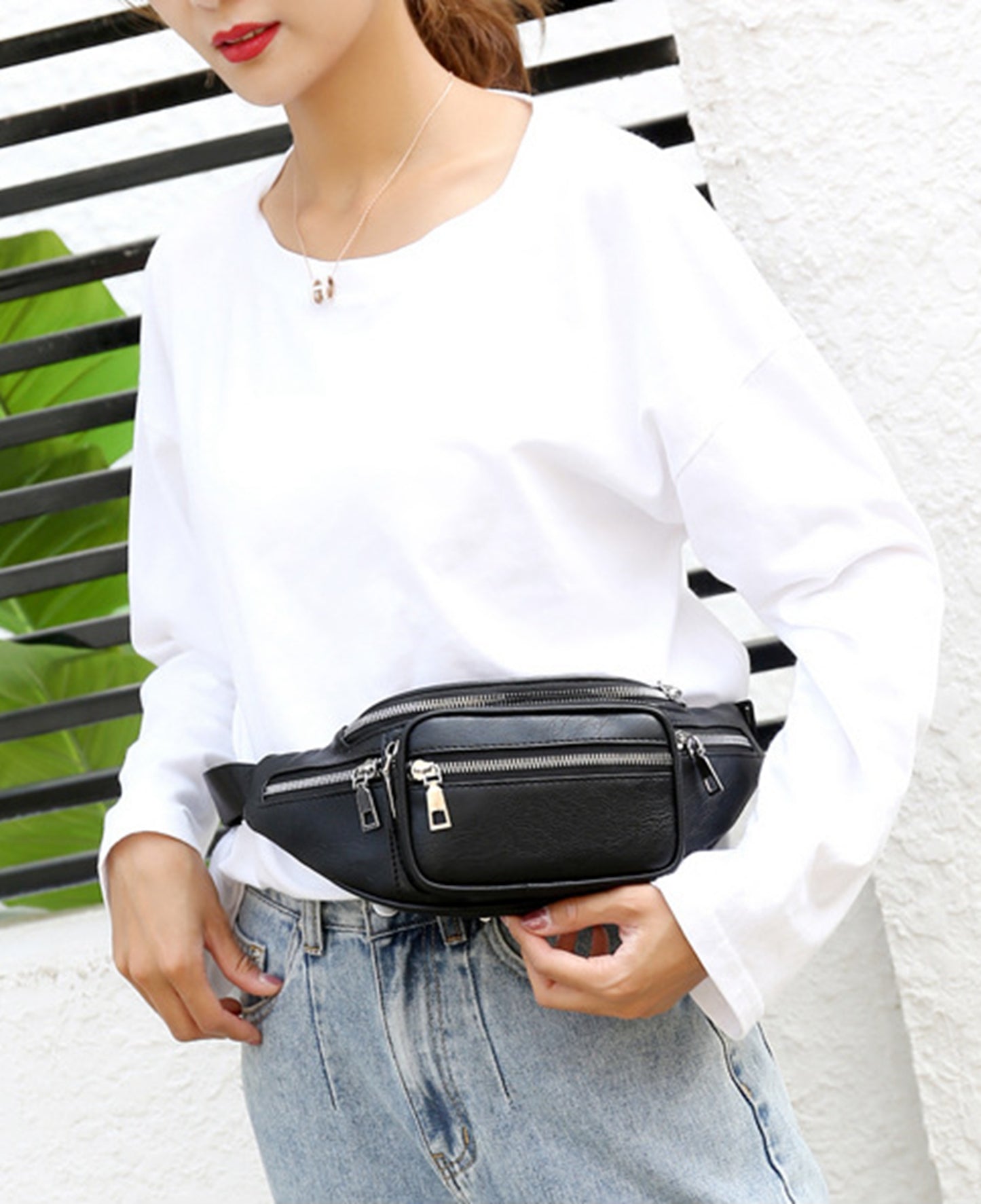 Black faux leather fanny waist pack crossbody purse for shopping travel