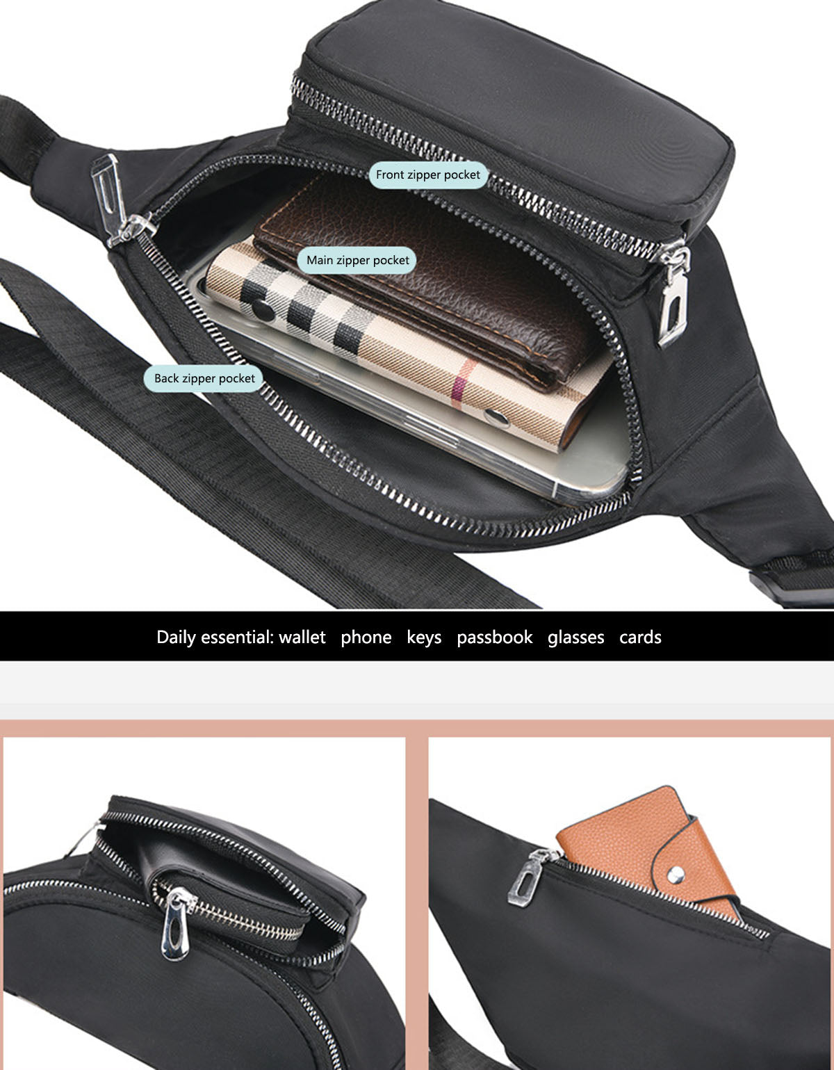 Purple nylon fanny waist pack crossbody purse for daily outings